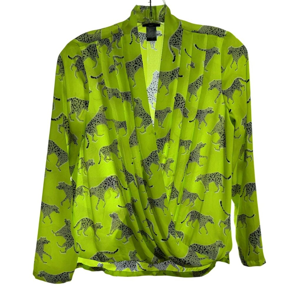 Ann Taylor Cross-Over Front Hi-Low Neon Green Cheetah Print LS Blouse Sz XSP